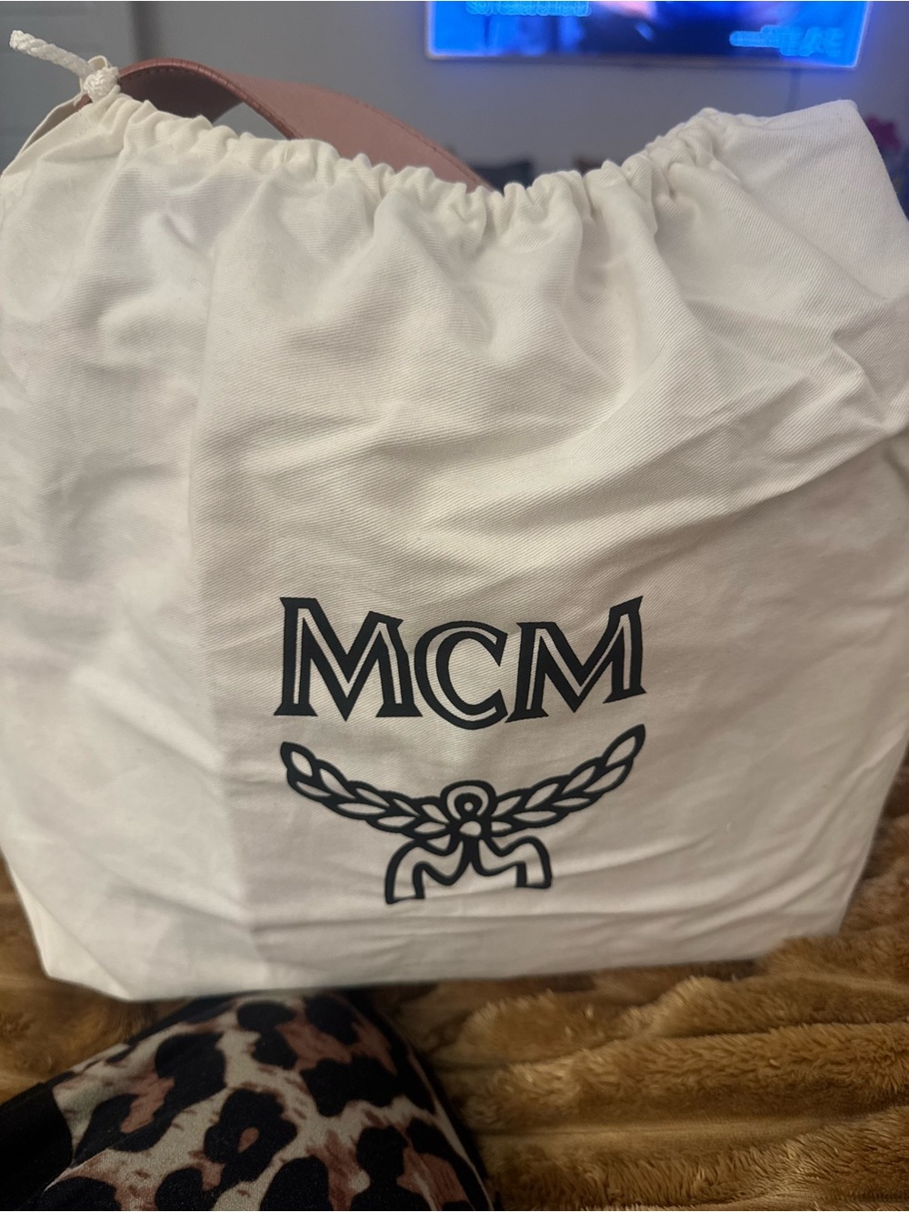 MCM White Drawstring Logo Dust Bag